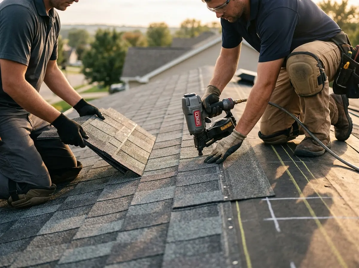 Professional roofer working on a residential roof in Mitchellville